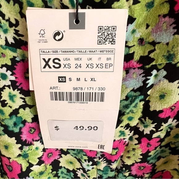 NWT ZARA Floral Print Button Front Midi Dress XS Green Pink Black - Picture 11 of 11